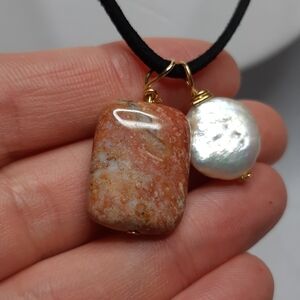 Sunstone and Coin Pearl Wire Wrap Necklace